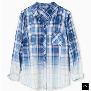 Blue & Pink Plaid Bleach Dip Button Front Shirt